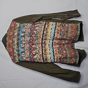 Zara Limited Edition embroidered military style distressed green denim jacket M